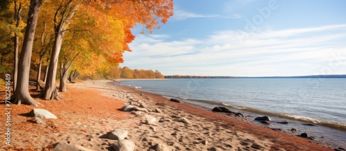 Autumn foliage frames lake with sandy beach photo