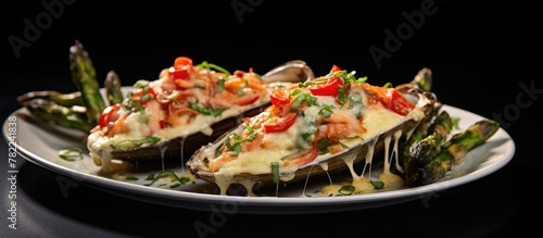 Plate of baked mussels topped with creamy cheese sauce