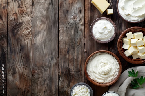 Various dairy products on a wooden table viewed from above with empty space Sour cream milk cheese yogurt and butter