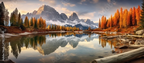 Autumn mountains reflected in lake amidst trees and rocks photo