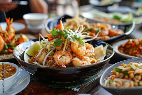 Various Thai dishes with shrimp pad thai and panang curry