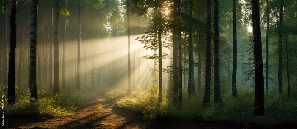 A serene forest path basked in sunlight A serene forest path basked in sunlight