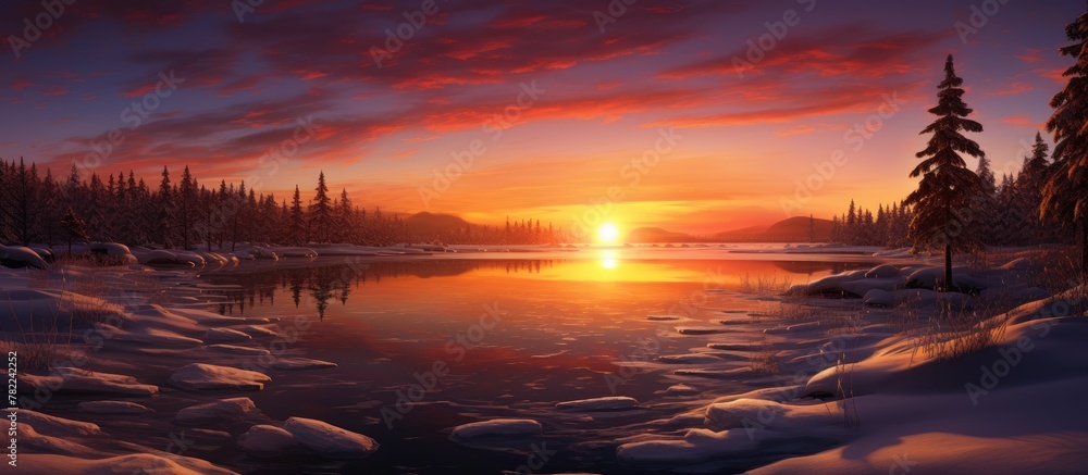 Fototapeta premium Sunset gleaming on icy lake amidst snow-capped trees