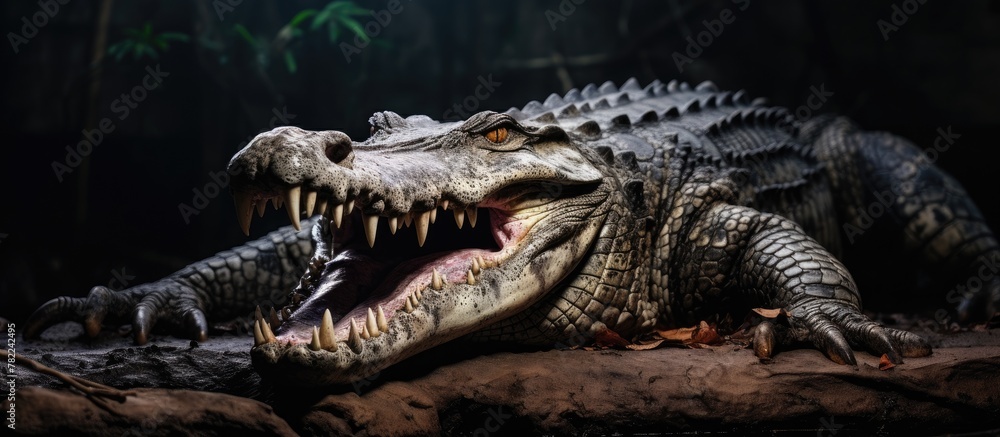 Obraz premium Crocodile displaying large teeth as it regulates body temperature