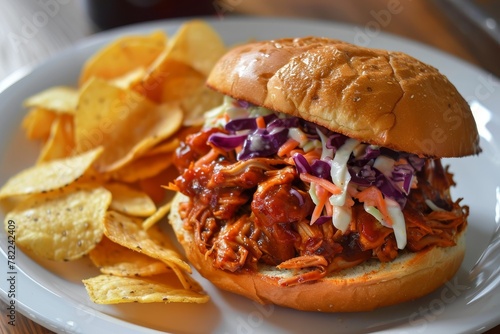 Vegan pulled jackfruit BBQ sandwich with coleslaw and chips