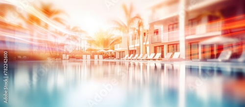 Blurred pool area with lounge chairs and palm trees