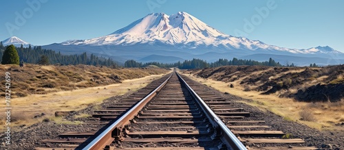Train track close-up with mountain backdrop