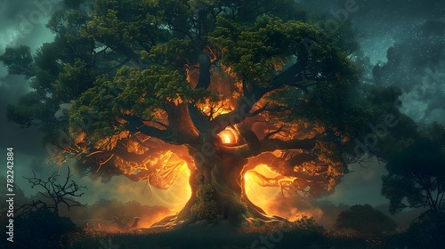 Enchanting Hollow Tree Glowing as a Beacon of Sanctuary and Hope in the Mystical Forest Landscape