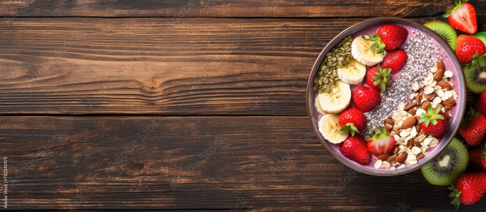 Bowl of fresh fruit and assorted nuts on wooden table Bowl of fresh fruit and assorted nuts on wooden table