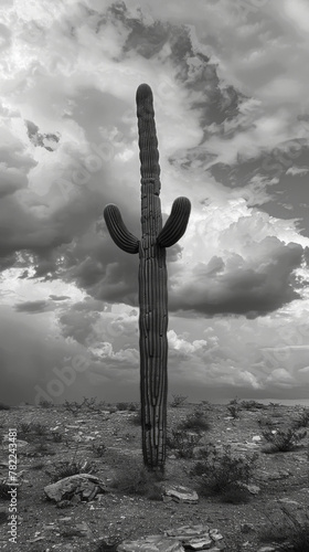 Saguaro cactus in a desert landscape with dramatic cloudy sky in black and white