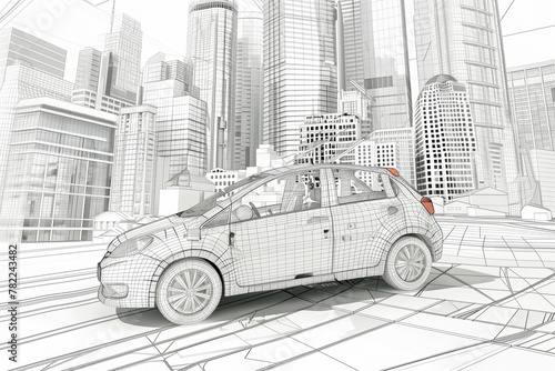 An electric car drives through a city with tall buildings, showcasing green energy in an urban environment. photo