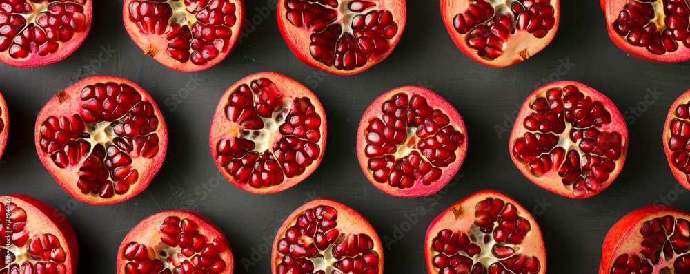 Top view of pomegranates cut in half on dark background Top view of pomegranates cut in half on dark background