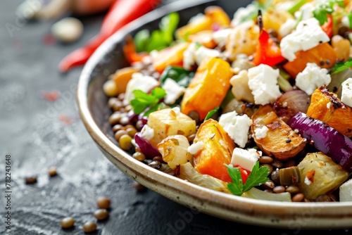 Vegetarian salad with roasted veggies lentils and feta Focus on salad text space