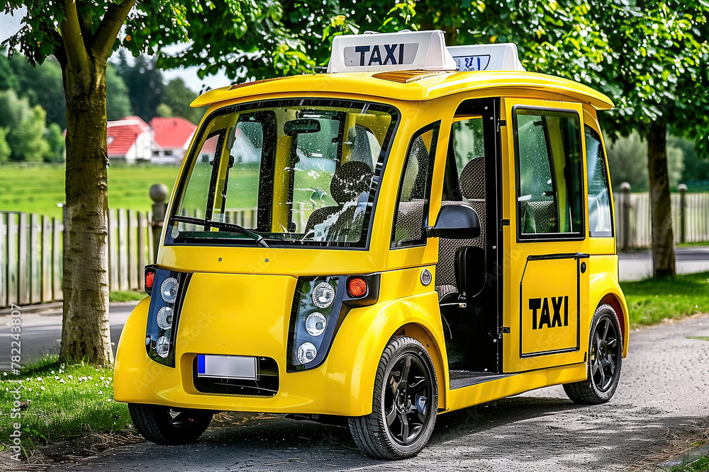 A yellow taxi is parked on the side of the road, representing eco-friendly transportation with its electric vehicle design.