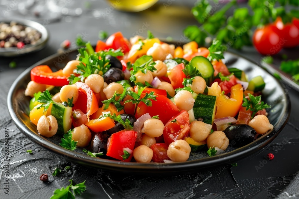 Vibrant vegetarian chickpea salad with colorful veggies and olives served on a dark plate