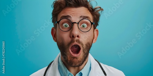 Shocked Medical Professional with Alarmed Facial Expression and Eyeglasses Against Vibrant Blue Background photo