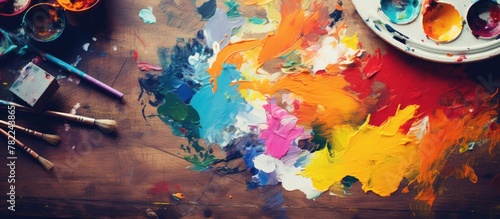 Palette with vibrant paints and brushes on wooden surface photo