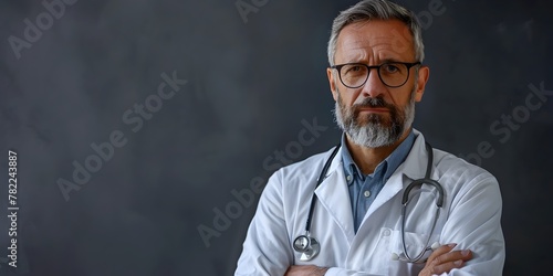 A seasoned medical professional exhibits a weary yet determined demeanor their years of empathetic service etched upon their weathered features photo