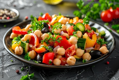 Vibrant vegetarian chickpea salad with colorful veggies and olives served on a dark plate