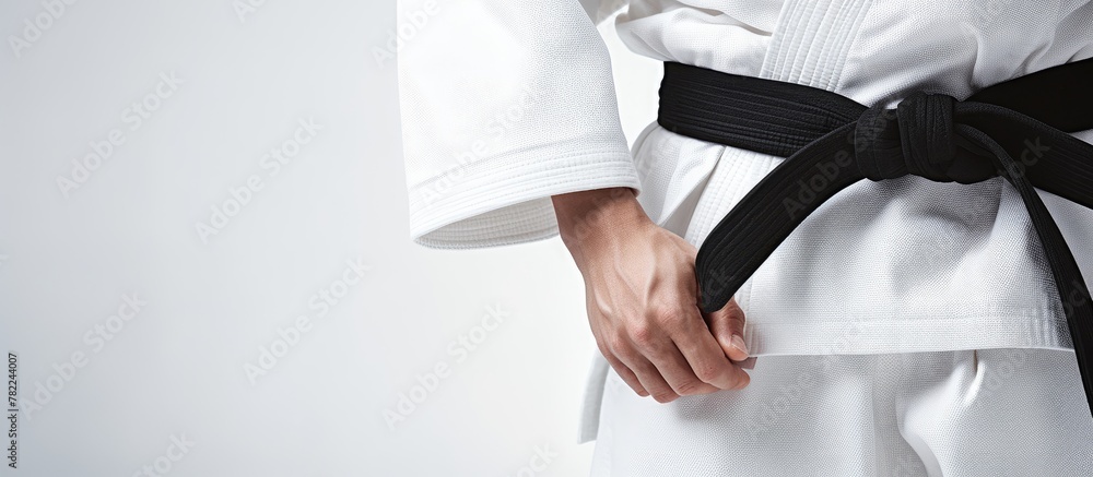A man wearing a white kimono and black belt