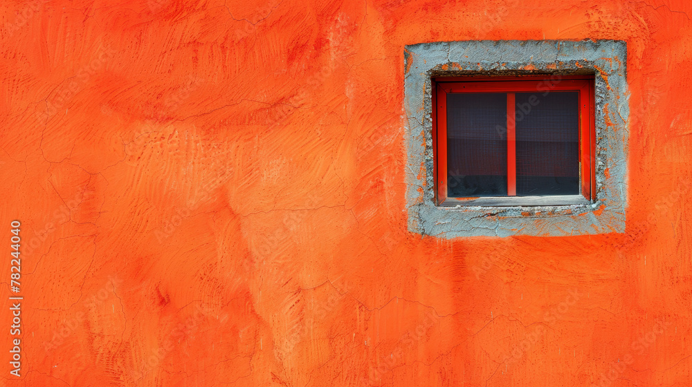Blue window on orange textured wall Blue window on orange textured wall