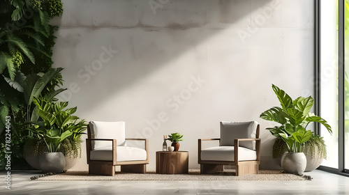  living room of a contemporary house with two armchairs  green plants and a coffee table  empty wall for mockup and show products  window  raw concrete wall  plants   vases