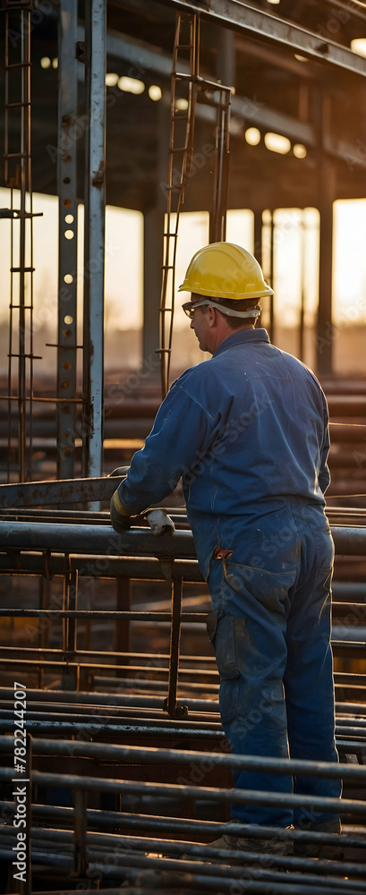 Sunrise Steel Symphony: Authentic moments of workers in the candid daily routine of steel frame construction captured in early morning light Sunrise Steel Symphony: Authentic moments of workers in the candid daily routine of steel frame construction captured in early morning light