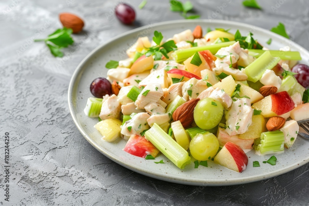 Waldorf salad on craft plate with copy space Made with apples celery grapes chicken and mayo dressing Gray background Waldorf salad on craft plate with copy space Made with apples celery grapes chicken and mayo dressing Gray background