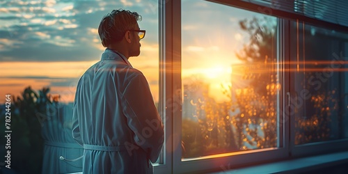 Thoughtful Doctor Gazing Out Window at Sunset Horizon Seeking and Direction for the Future