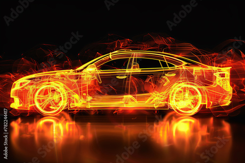 An electric car emits a vibrant glow in the darkness, showcasing its energy-efficient features.