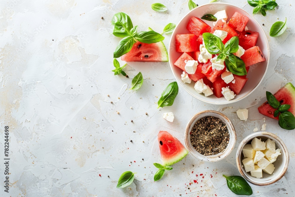 Watermelon and feta salad with basil on white board horizontal layout copy space Watermelon and feta salad with basil on white board horizontal layout copy space