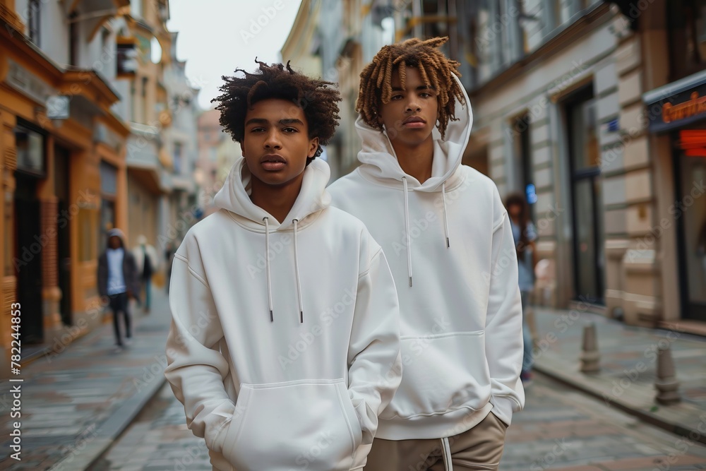 Two young men in white hoodies stroll down the city street - obrazy, fototapety, plakaty 