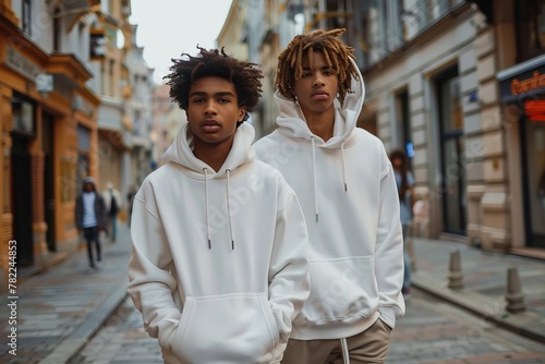 Two young men in white hoodies stroll down the city street
