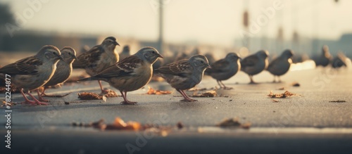 Many birds pecking at food on the ground photo