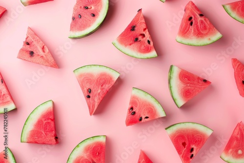 Watermelon slices on pink background top view