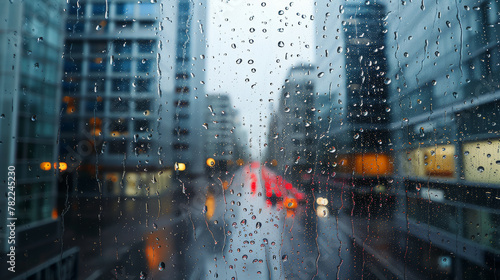 Rainy cityscape through a wet window