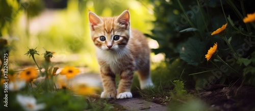 Small kitten in grass by flowers