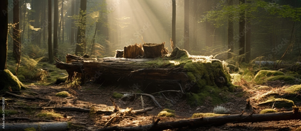 Sunlight filtering through forest trees with fallen logs