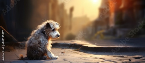 A dog rests on pavement in sunlight photo
