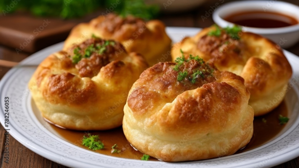 Deliciously baked golden bread rolls with a side of dipping sauce Deliciously baked golden bread rolls with a side of dipping sauce