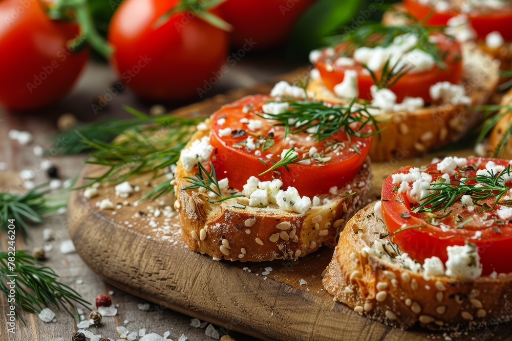 Yummy bruschetta with tomato feta dill and spice on wood board Yummy bruschetta with tomato feta dill and spice on wood board