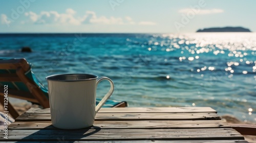 Coastal Relaxation: White Enamel Mug on Table by the Beach 
