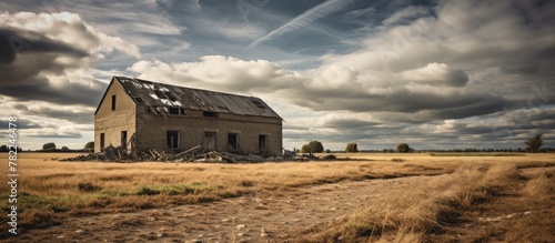 Old farmhouse surrounded by rural landscape photo
