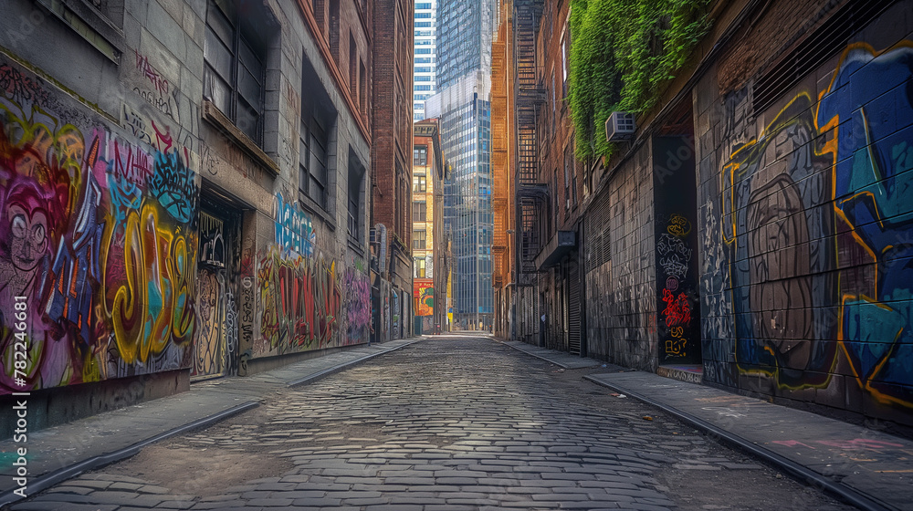 Fototapeta premium Amidst the towering skyscrapers of the bustling cityscape, a narrow alleyway winds its way through the urban jungle