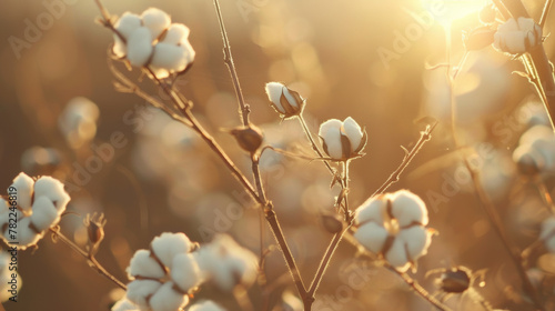 Cotton plants illuminated by golden sunset light photo