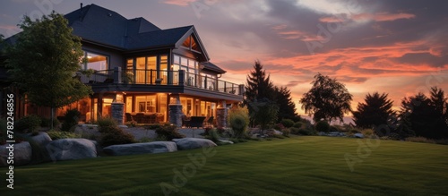 Large house, spacious lawn, sunset view photo