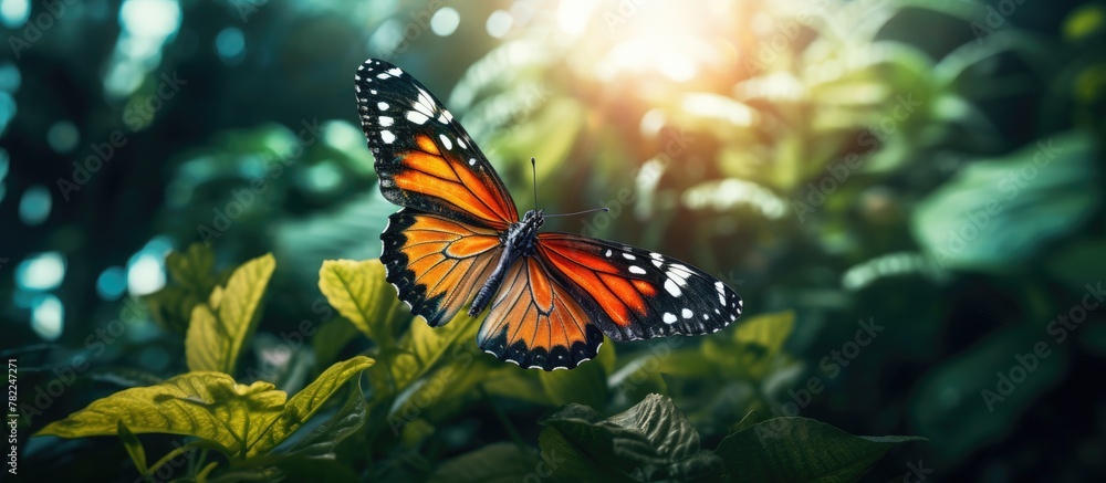 Butterfly perched on green leaf under sunlight Butterfly perched on green leaf under sunlight