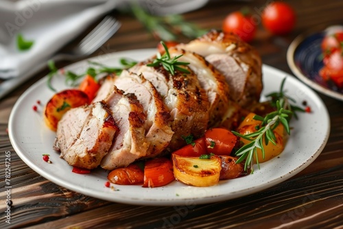 Wooden table with roasted pork and veggies