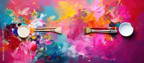 Brush and paint bowl artwork on magenta background photo