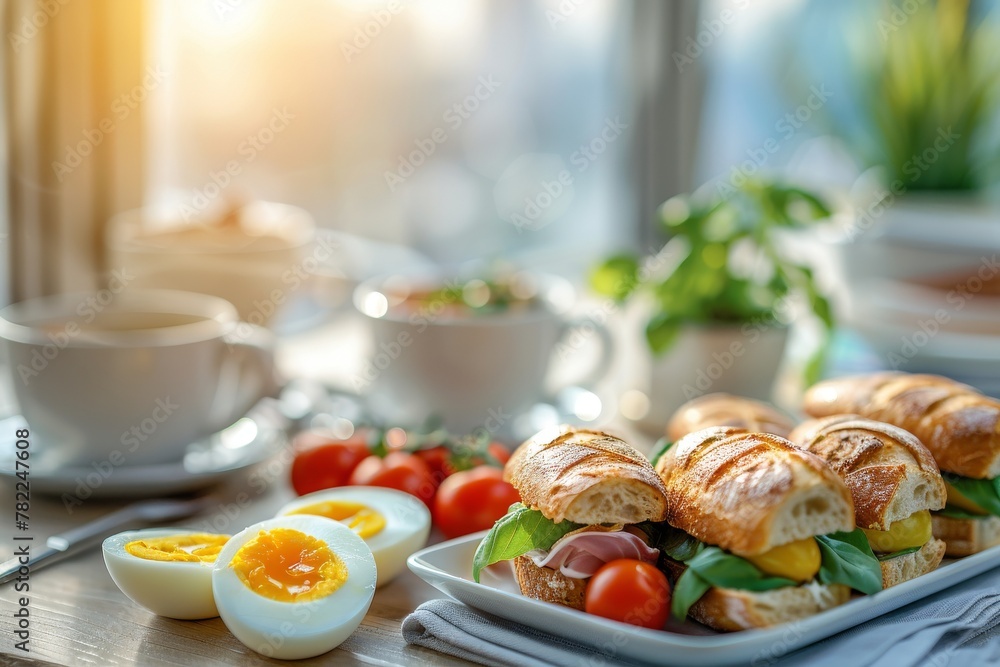 Morning light shines on a delicious breakfast sandwich with a side of hard-boiled eggs and tomatoes, served with a cup of coffee. Morning light shines on a delicious breakfast sandwich with a side of hard-boiled eggs and tomatoes, served with a cup of coffee.